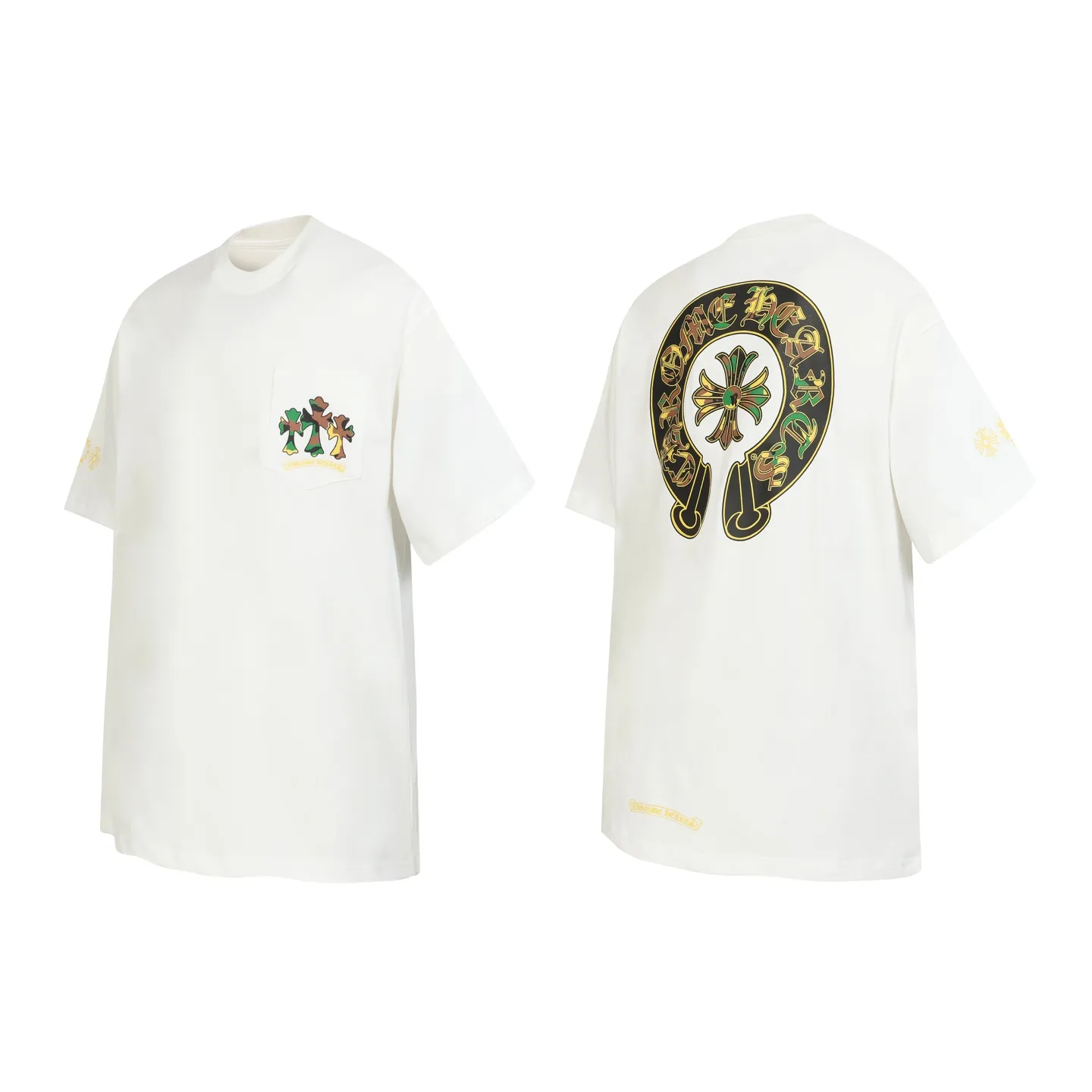 P160 Cross-border running quantity model, please do not place an order if you pursue quality - Chrome Hearts/Chrome Hearts green military flower Sanskrit horseshoe print popular short-sleeved T-shirt - High weight, high density and high quality, soft, delicate and skin-friendly wool, soft and silky to the touch, excellent warmth and skin-friendly properties - Custom-woven and custom-dyed, no color difference, no matter the fabric or workmanship details, beat the ordinary version on the market -Colour: black white -Size: S M L XL
